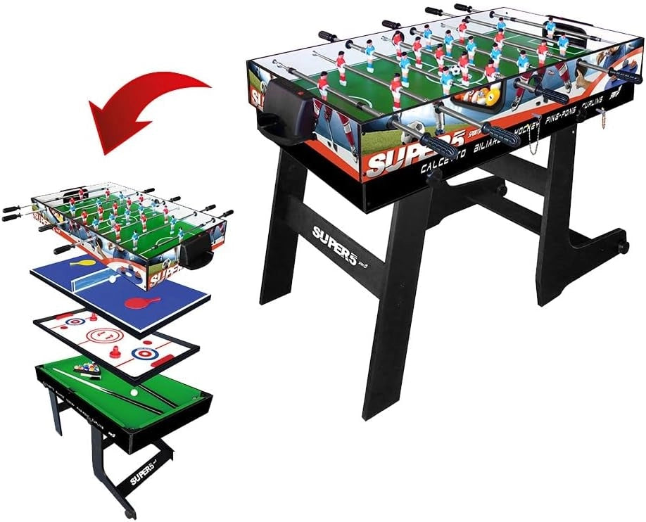 Calcio Balilla Pieghevole Tavolo Multigioco Bambini 5 in 1 Calcio Balilla, Biliardo, Ping Pong, Hockey e Curling - Dimen