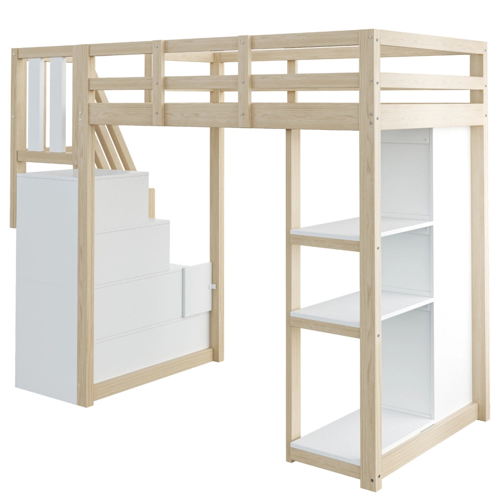 Letto a soppalco 90x200 cm con 4 cassetti e libreria; legno naturale HOMVRA