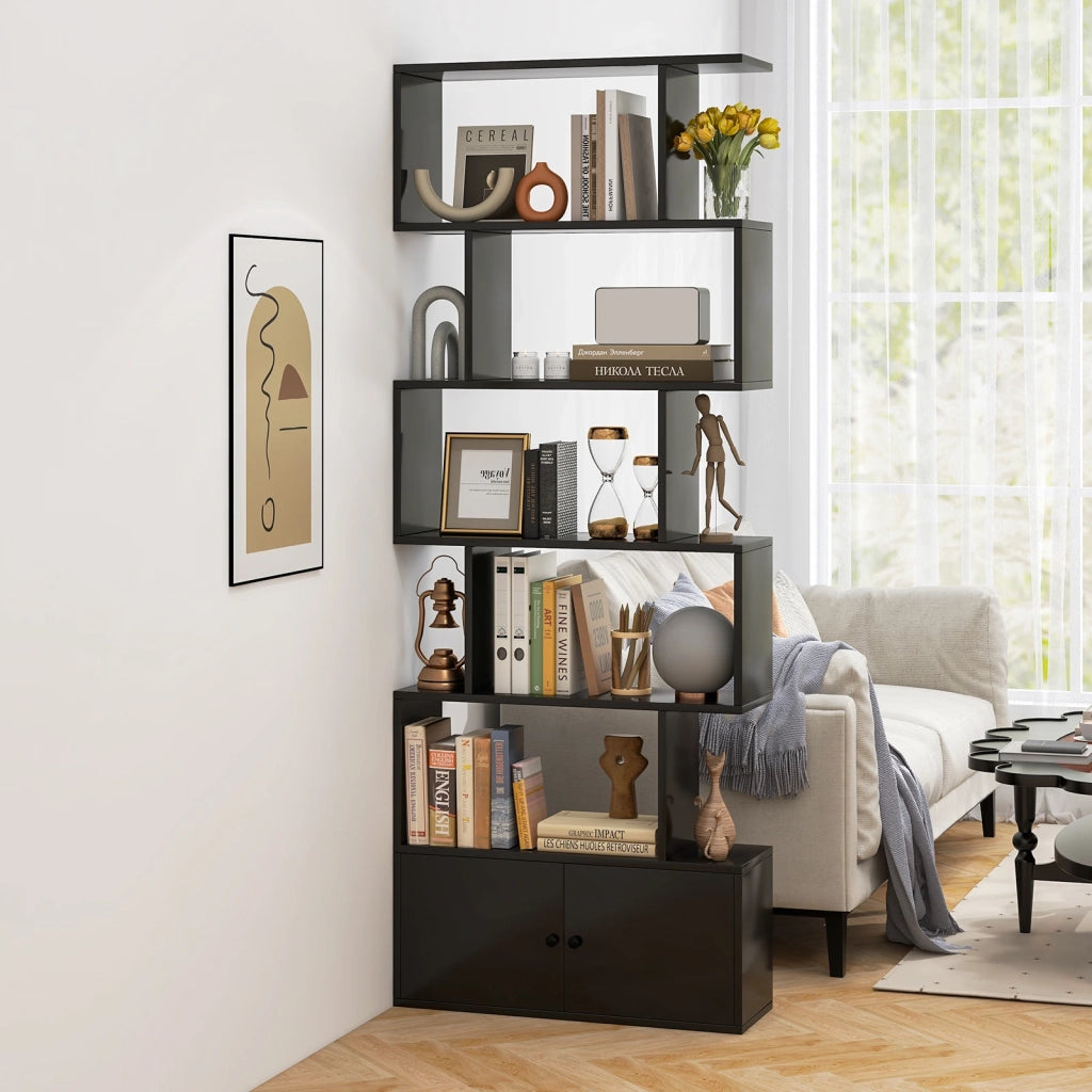 Libreria a 6 ripiani a forma di S con mobiletto ad ante nero, scaffale moderno per soggiorno e ufficio, robusto e facile da montare