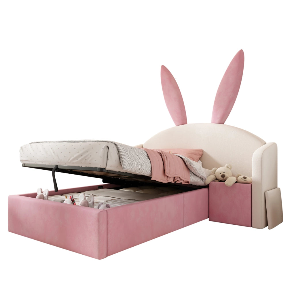 Letto imbottito 90x200 cm con contenitore idraulico e comodino in velluto beige e rosa