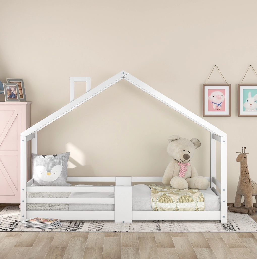 Letto a casetta per bambini 90 x 200 cm in legno massello bianco con protezione anticaduta