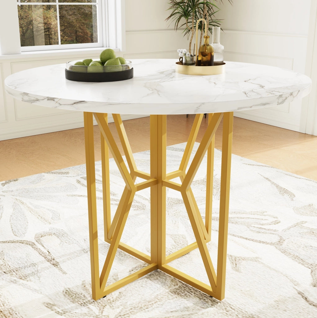 Tavolo rotondo 80 cm MDF effetto marmo, gambe metallo dorato, 4-6 persone