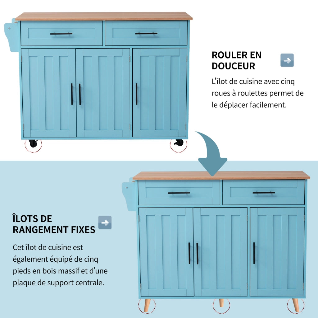 Carrello da cucina con cassetti; piano pieghevole e ruote; MDF blu chiaro; 129 x 71 x 91;5 cm
