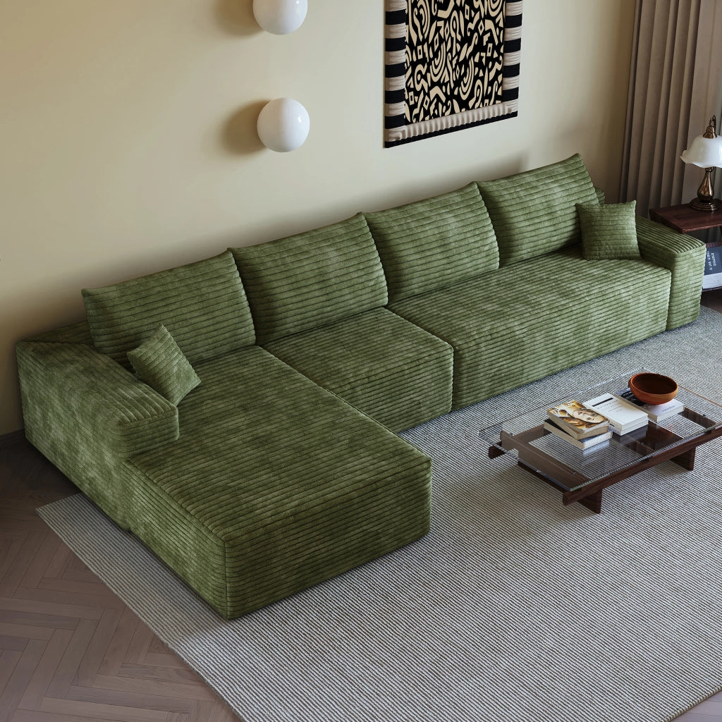 Divano angolare modulare con chaise longue, seduta profonda e montaggio senza attrezzi, in velluto a coste verde