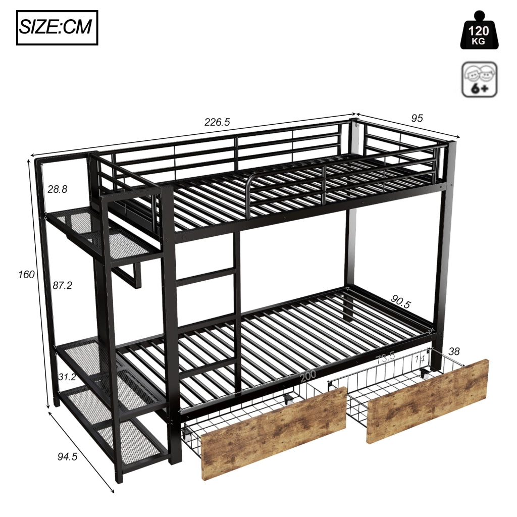Letto a castello 90x200 cm con LED; 2 cassetti e ripiani in metallo e MDF nero