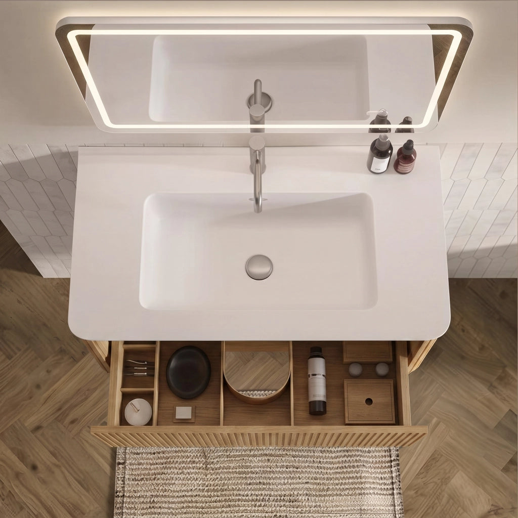 Mobile da bagno con lavabo integrato e specchio LED, per bagno, in MDF, rovere