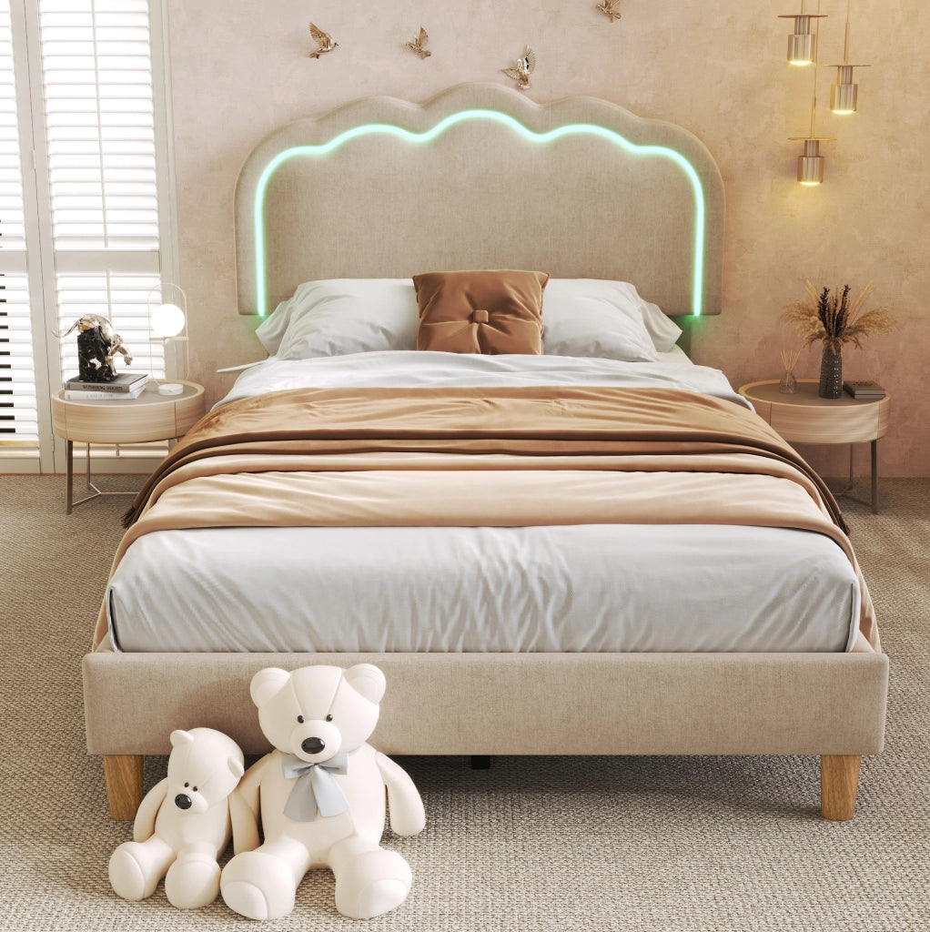 Letto imbottito 90x200 cm con testiera LED regolabile in lino beige