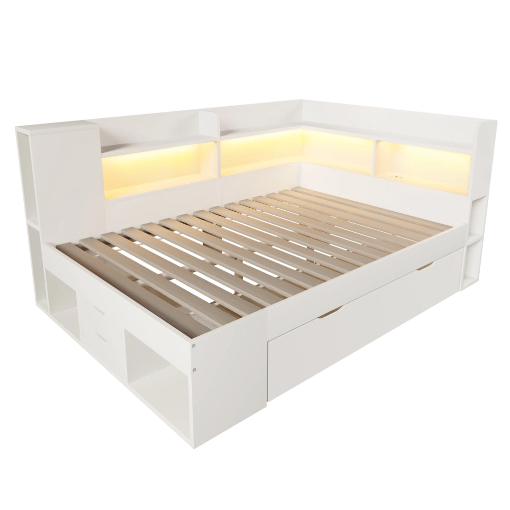 Letto 140 x 200 cm con 3 cassetti e LED, letto matrimoniale con ripiani e porte USB in legno bianco, materasso non incluso