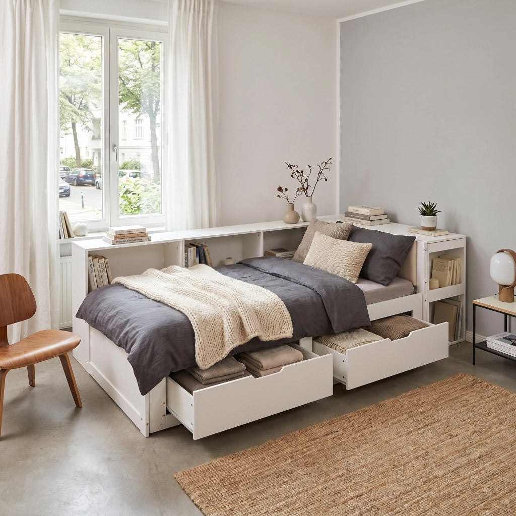 Letto extensible180 x 200 cm con scrivania integrata, cassetti e ripiani, divano letto in legno bianco con testiera imbottita