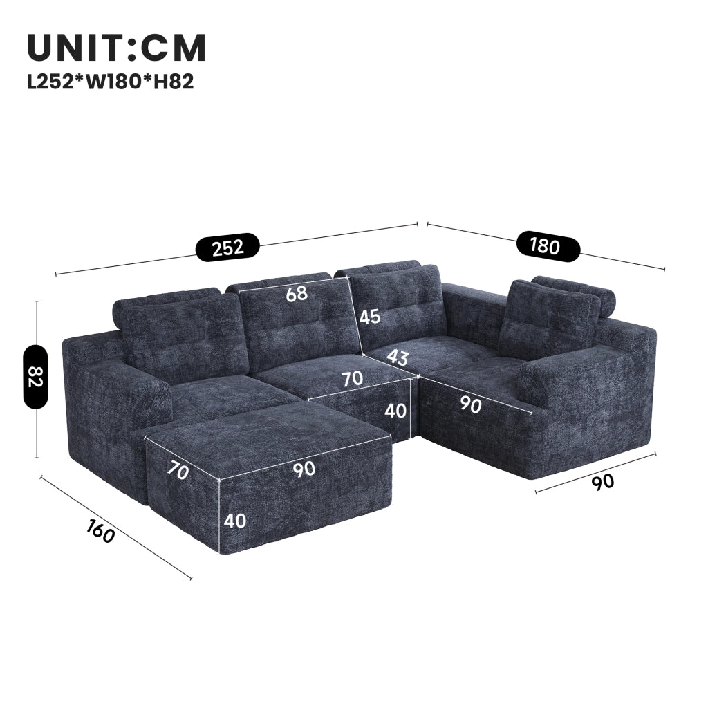 Divano modulare 252x180x82 cm configurabile in ciniglia blu