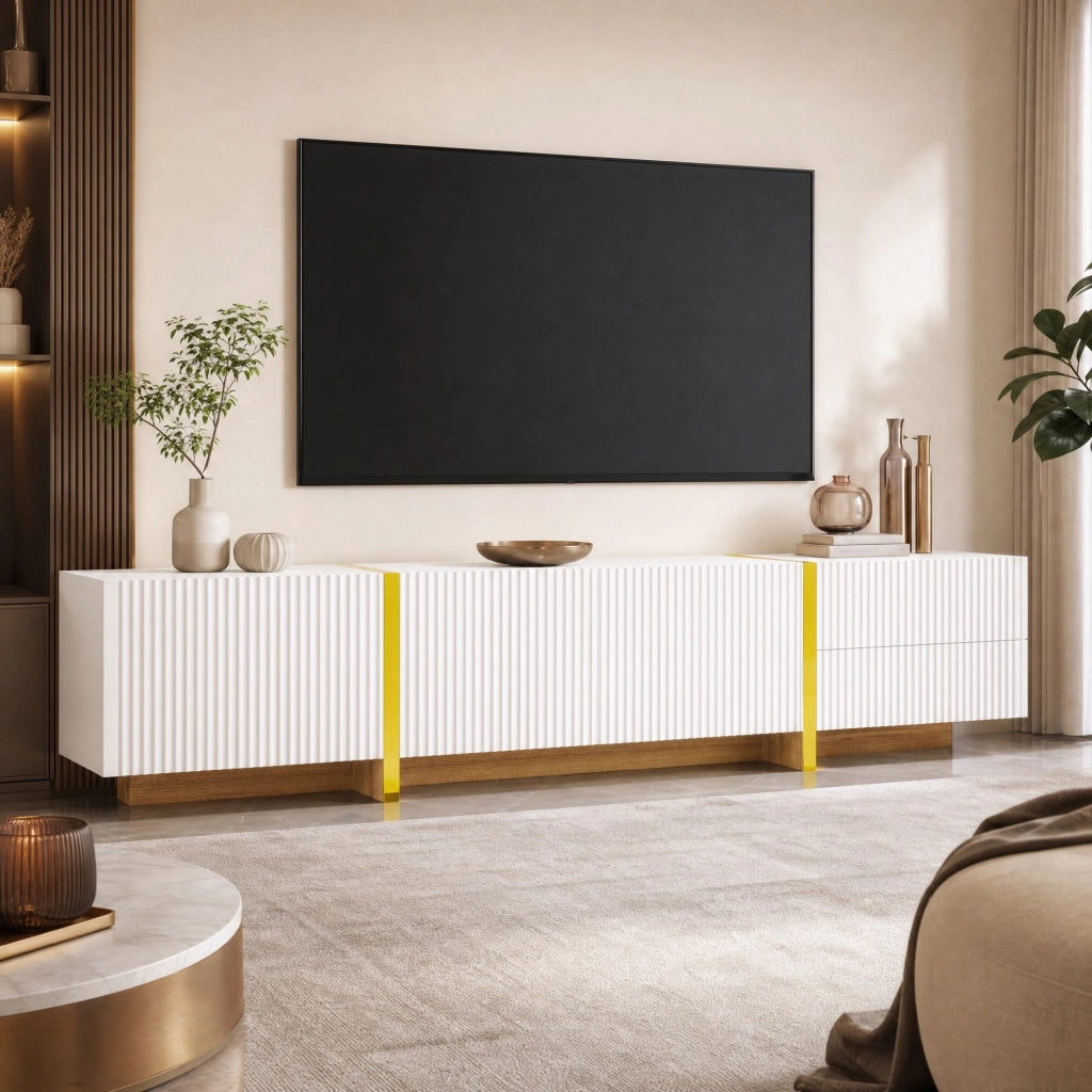 Mobile TV con 3 ante e 2 cassetti in MDF e pannello truciolare bianco oro effetto legno 190 × 35 × 45 cm
