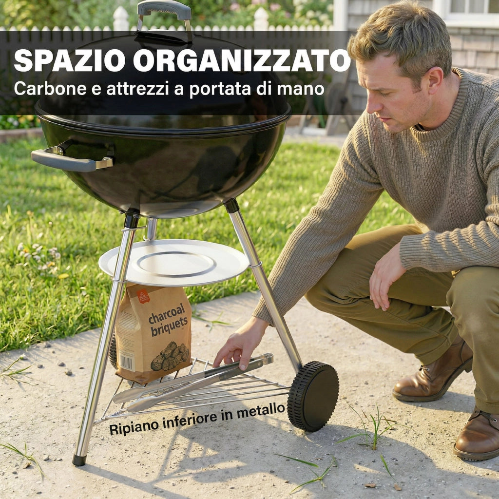Barbecue a Carbone con griglia esterna rotonda, coperchio, termometro e ruote, Nero