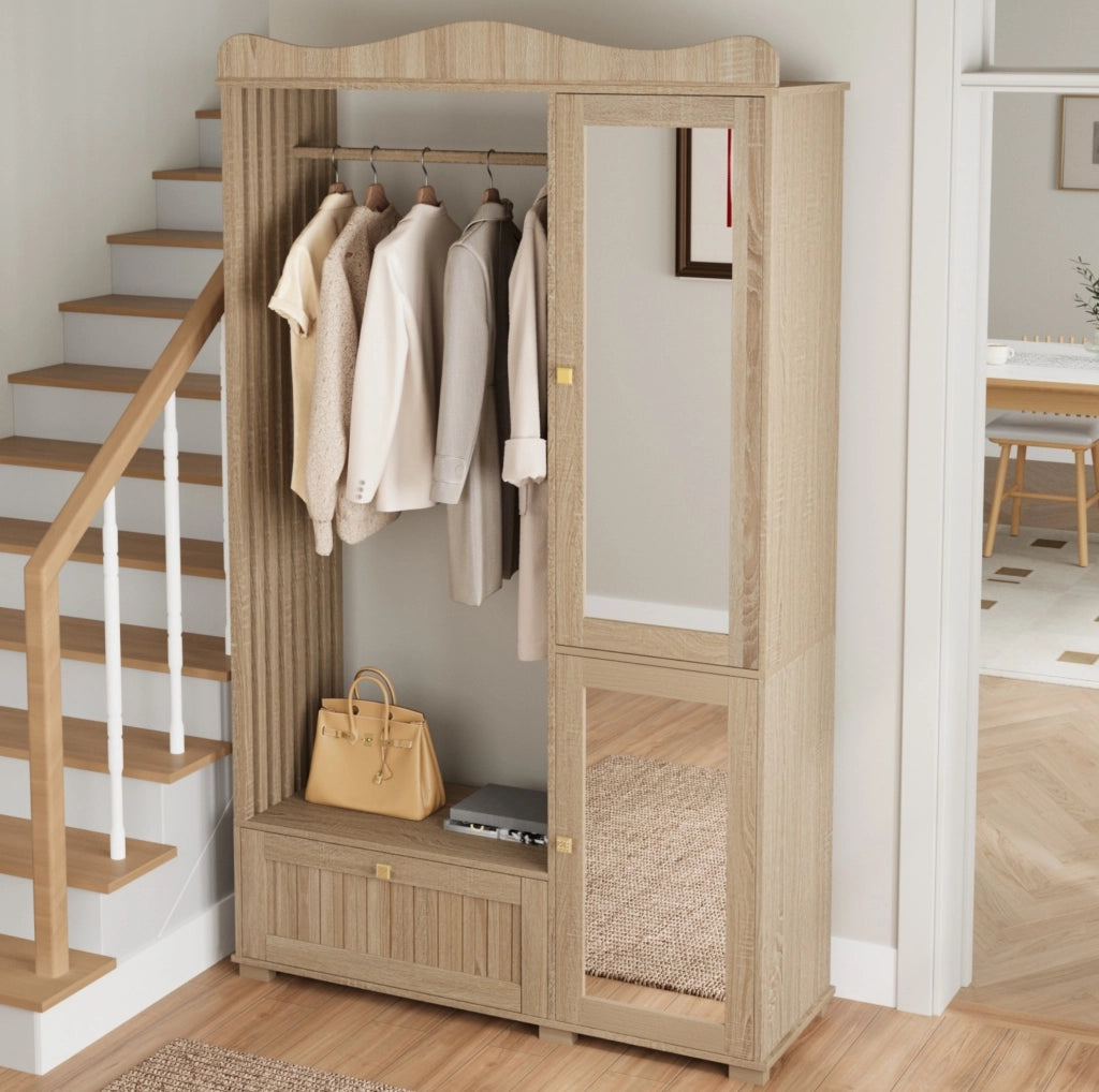 Guardaroba Aperto con Specchio a Figura Intera, Mobile con 2 Ante e Cassetto in MDF Colore Quercia, 115,5x38,5x194,5 cm