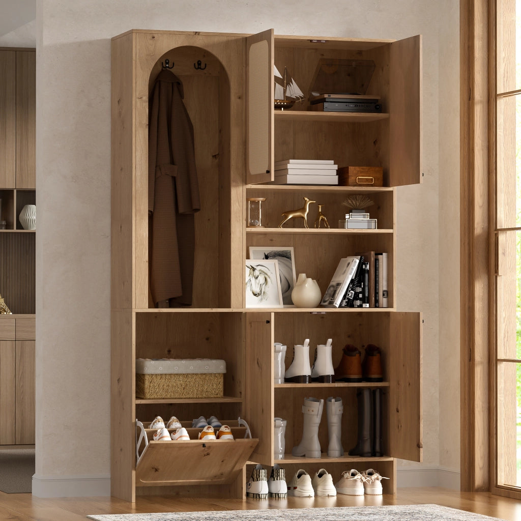 Mobile ingresso 120 x 35 x 200 cm; 4 ante; scarpiera a ribalta; ganci appendiabiti; per la casa moderna; pratico; effetto rattan; naturale