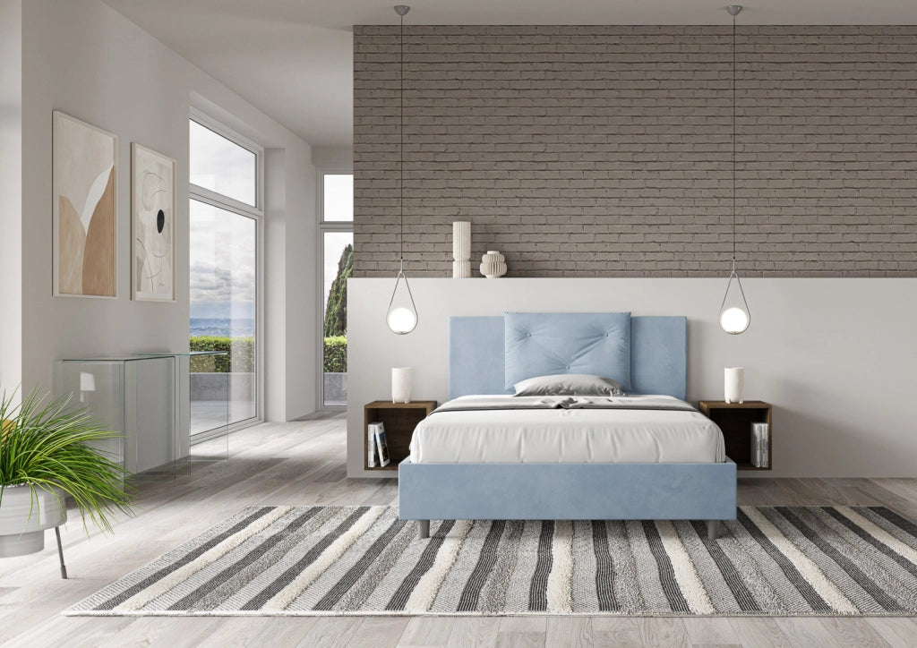 BS COM Letto matrimoniale francese con rete imbottito 140x210 microfibra azzurro