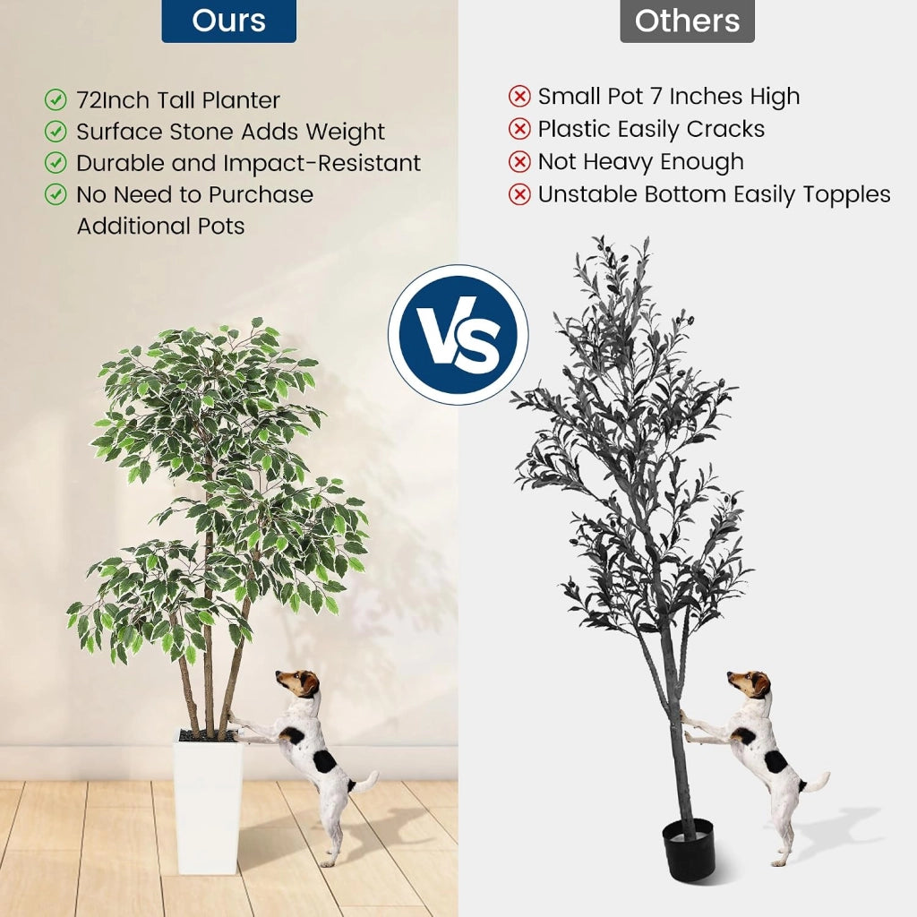Ficus Artificiale 150 cm con Triplo Tronco Vaso Alto e Fogliame Folto