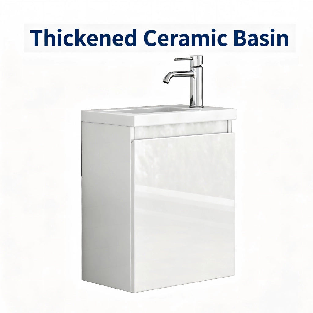 Mobile bagno sospeso 40 cm bianco lucido con lavabo in ceramica e specchio, design senza maniglie, cerniere ammortizzate, salvaspazio, completamente preassemblato