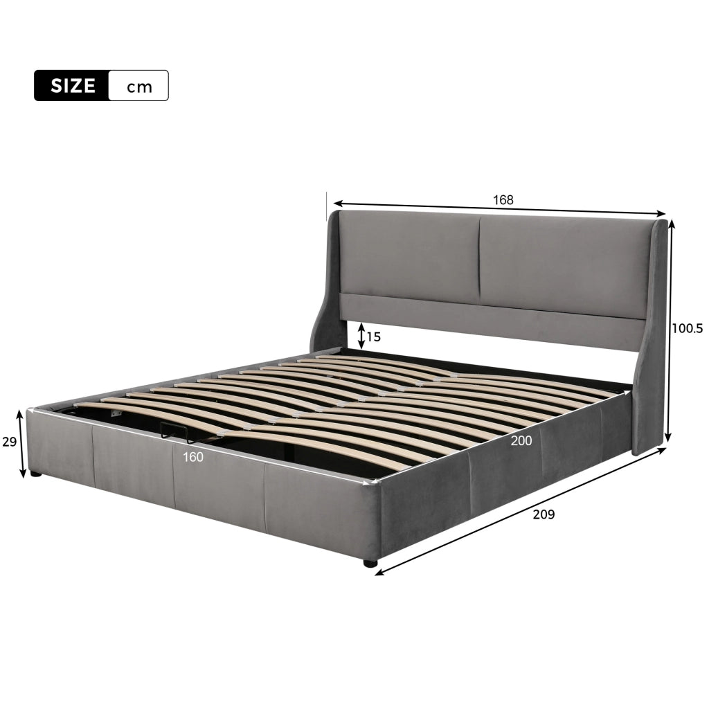 Letto contenitore matrimoniale 160x200 in velluto grigio con testiera imbottita