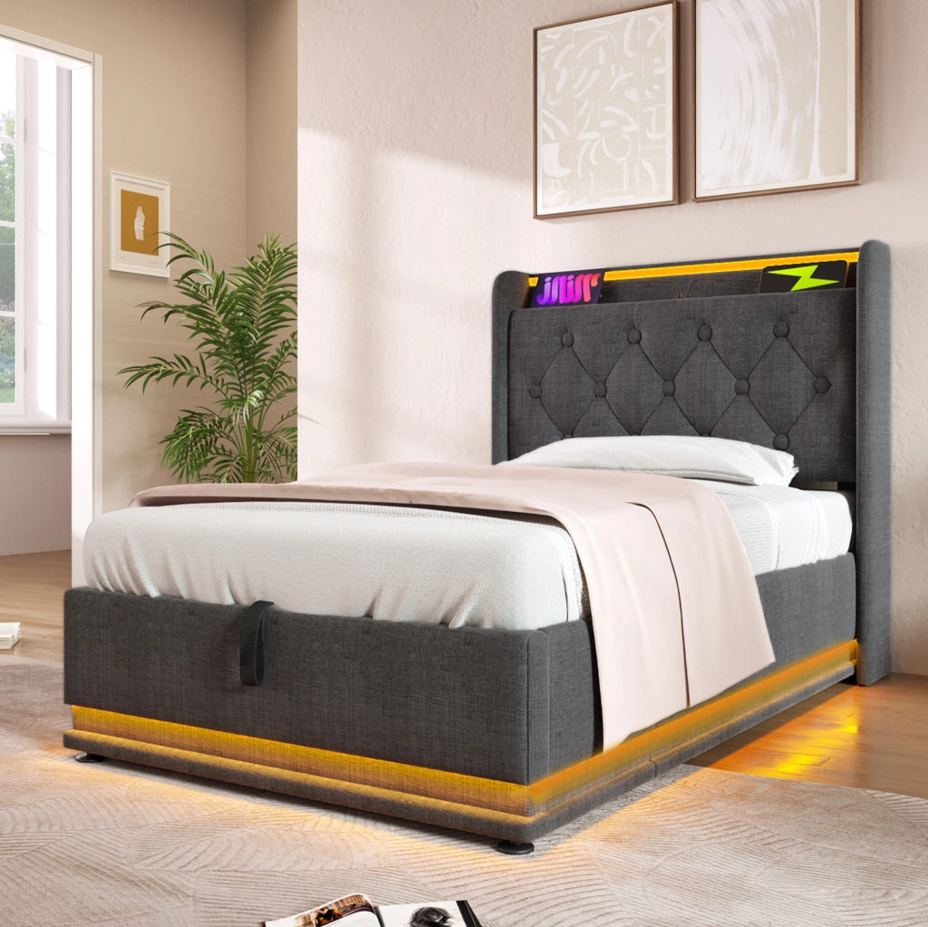 Letto singolo 90x200 cm con contenitore; LED 360°; USB-C e testiera in lino grigio