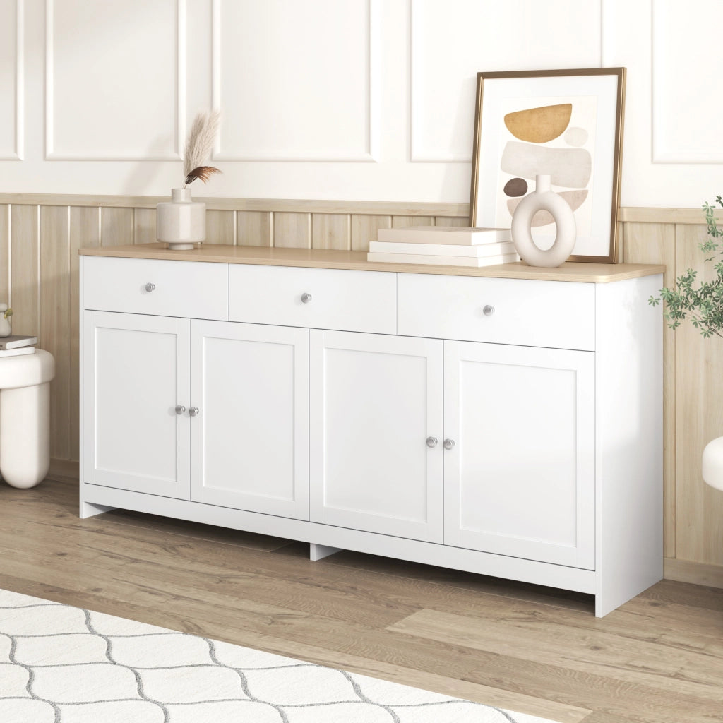 Credenza 160x37x75 cm con 4 ante; 3 cassetti e ripiani regolabili; bianco ed effetto legno