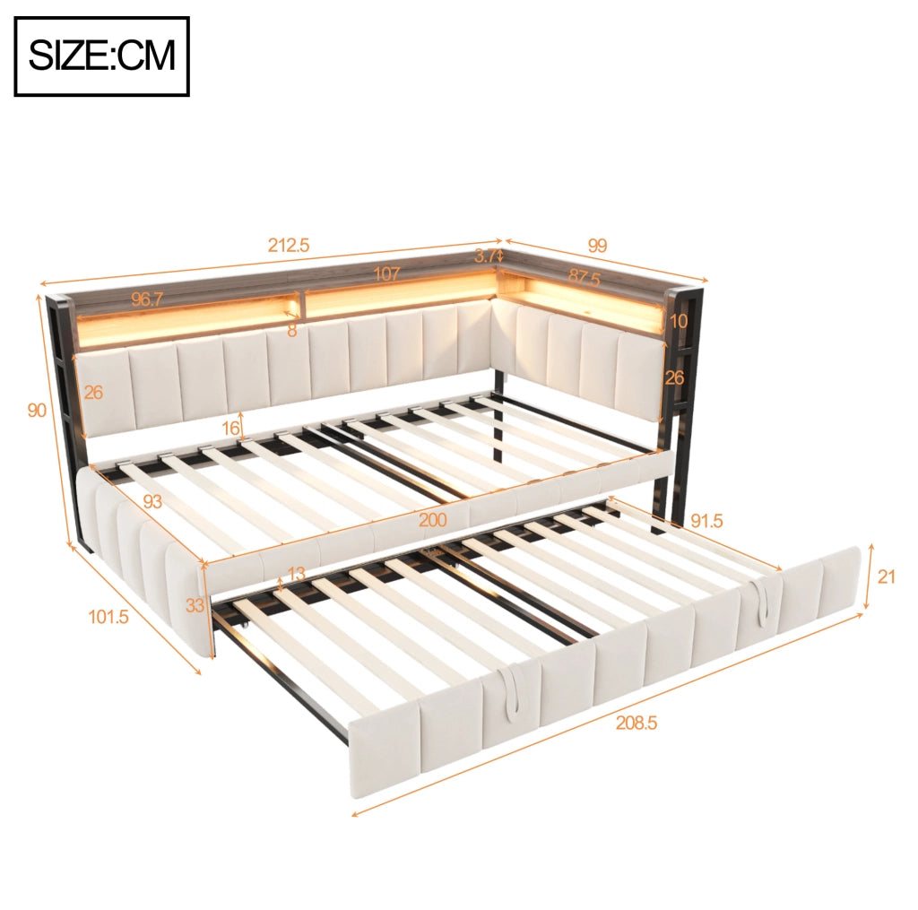 Divano letto estraibile 90x200 cm con LED, USB e USB-C in velluto beige