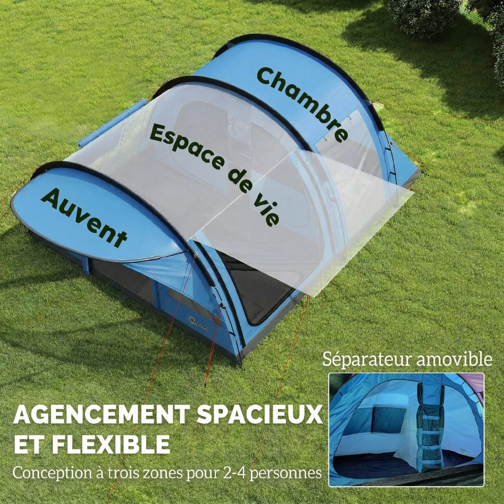 Tenda da Campeggio a Tunnel 4 Persone 3-4 Stagioni Impermeabile 3000mm Altezza 2 m Soggiorno XL 3,7 m Blu