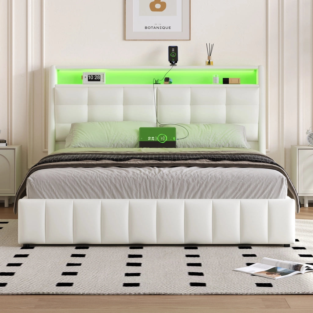 Letto contenitore 160 × 200 cm con LED a 7 colori USB testiera regolabile imbottita in PU MDF e compensato bianco