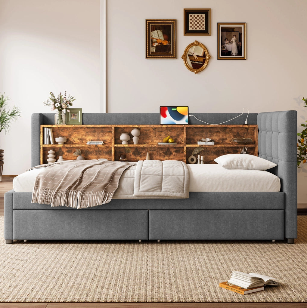 Letto singolo 90x200 cm grigio con 2 cassetti, USB, Type-C e ripiani