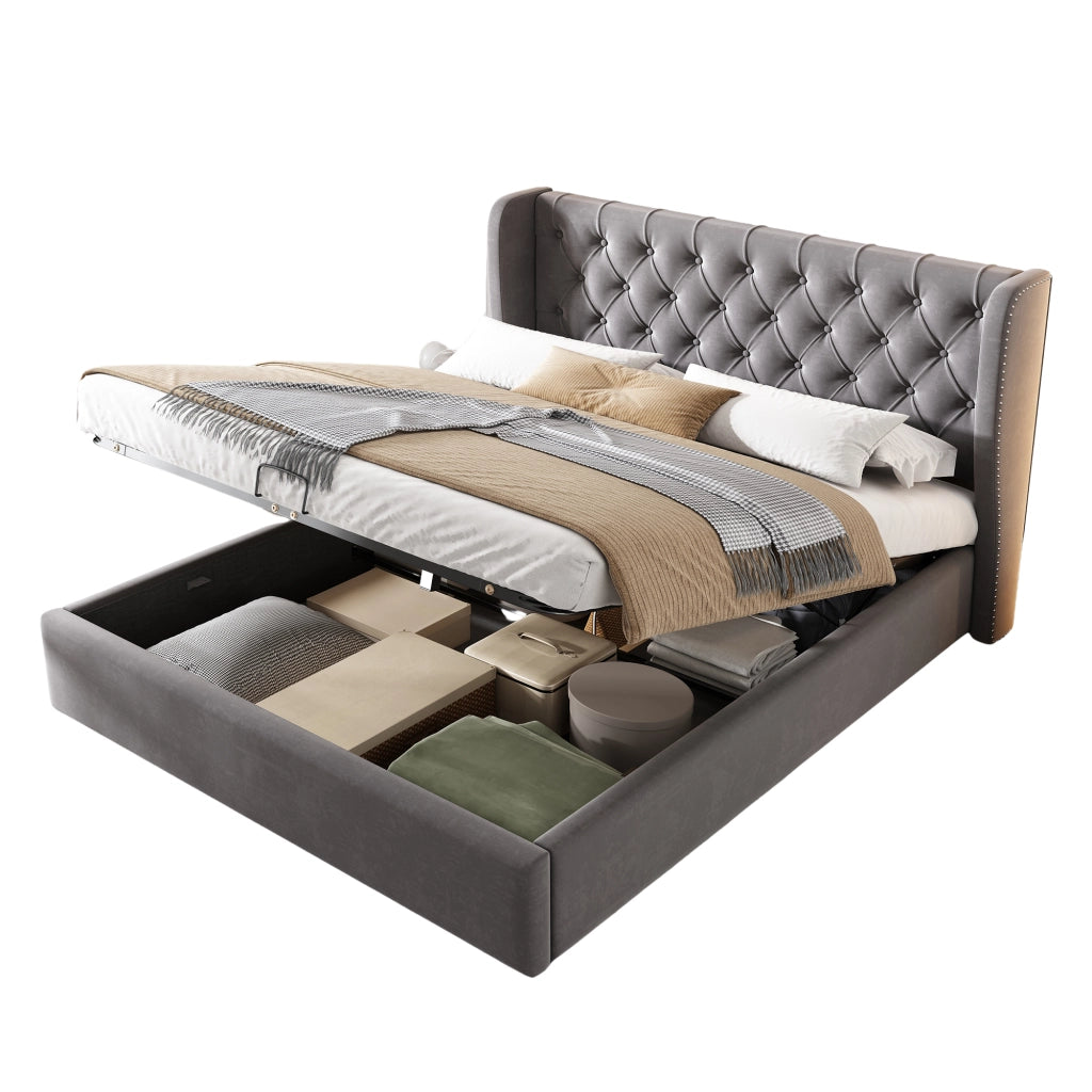 Letto imbottito 140 × 200 cm con contenitore idraulico testiera Chesterfield in velluto grigio con rete a doghe