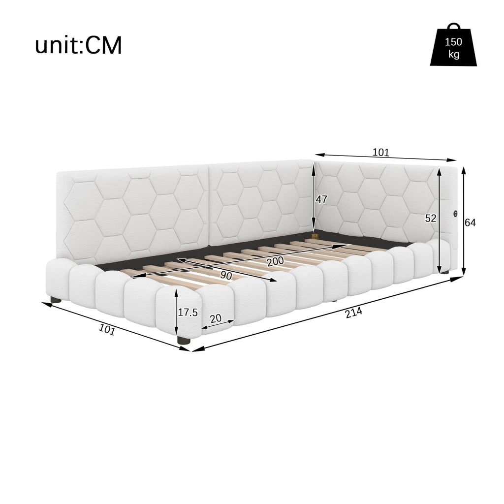 Letto divano singolo 90 × 200 cm con LED regolabile; USB e porta di tipo C; senza materasso; bianco
