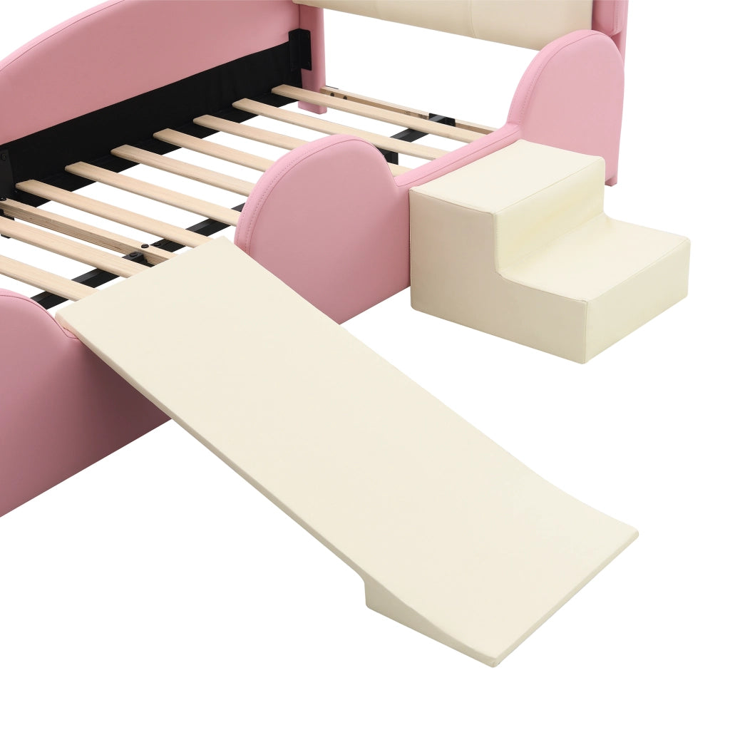 Letto singolo 90 × 200 cm con scivolo e scala LED multicolore imbottito in PU rosa e beige