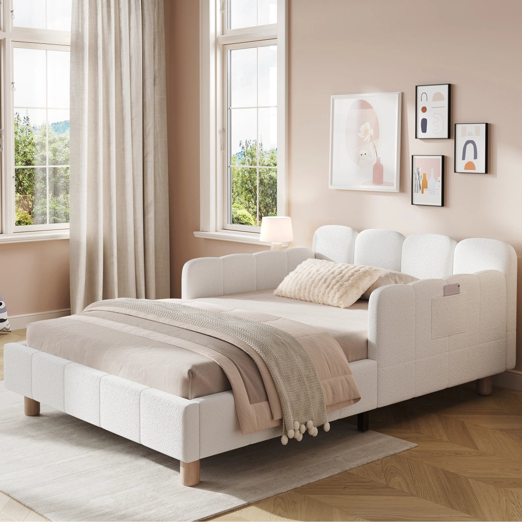 Letto singolo 90 × 200 cm con testiera imbottita e braccioli configurabili rivestito in bouclé beige
