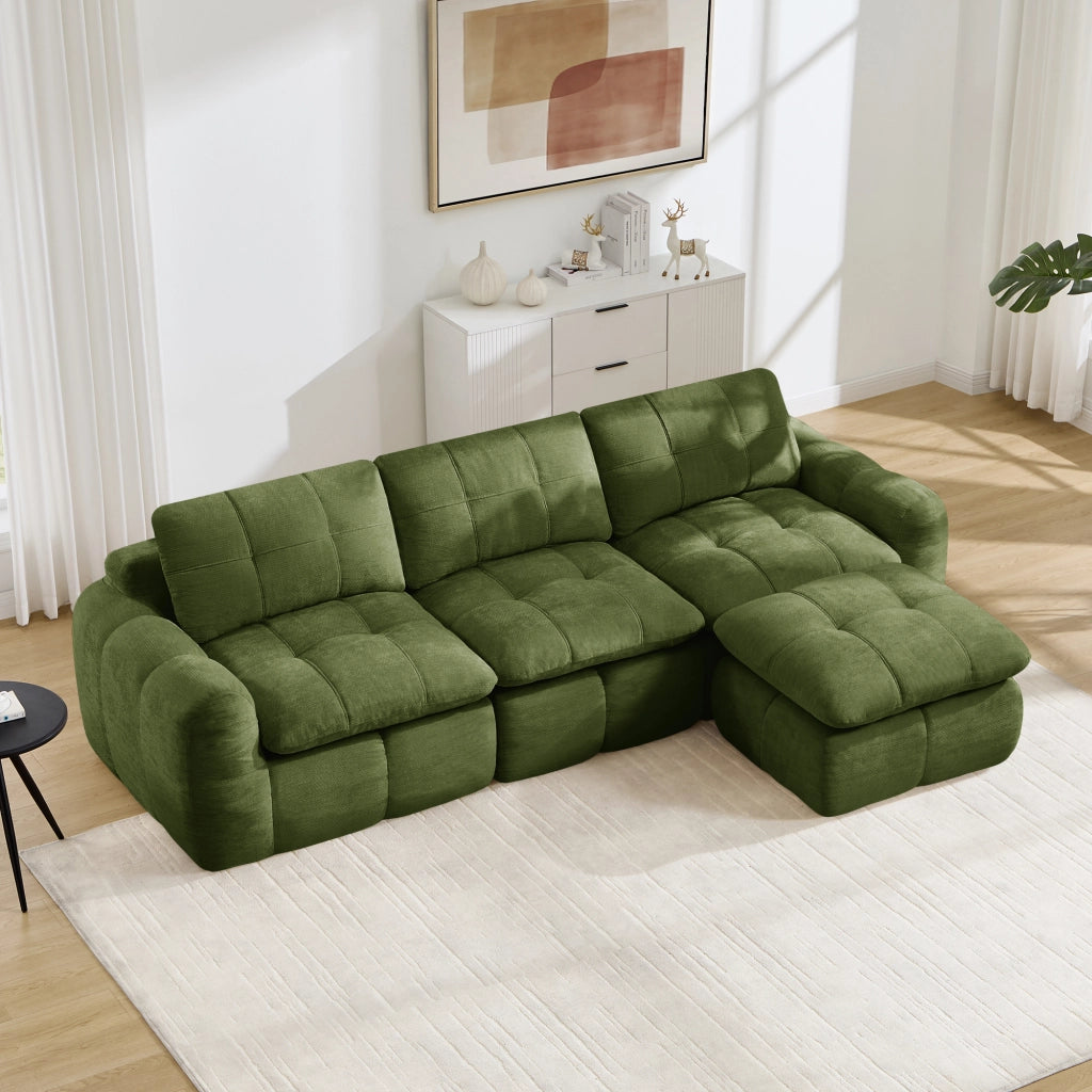 Divano modulare angolare 3 posti - con pouf coordinato - per soggiorno - in chenille verde