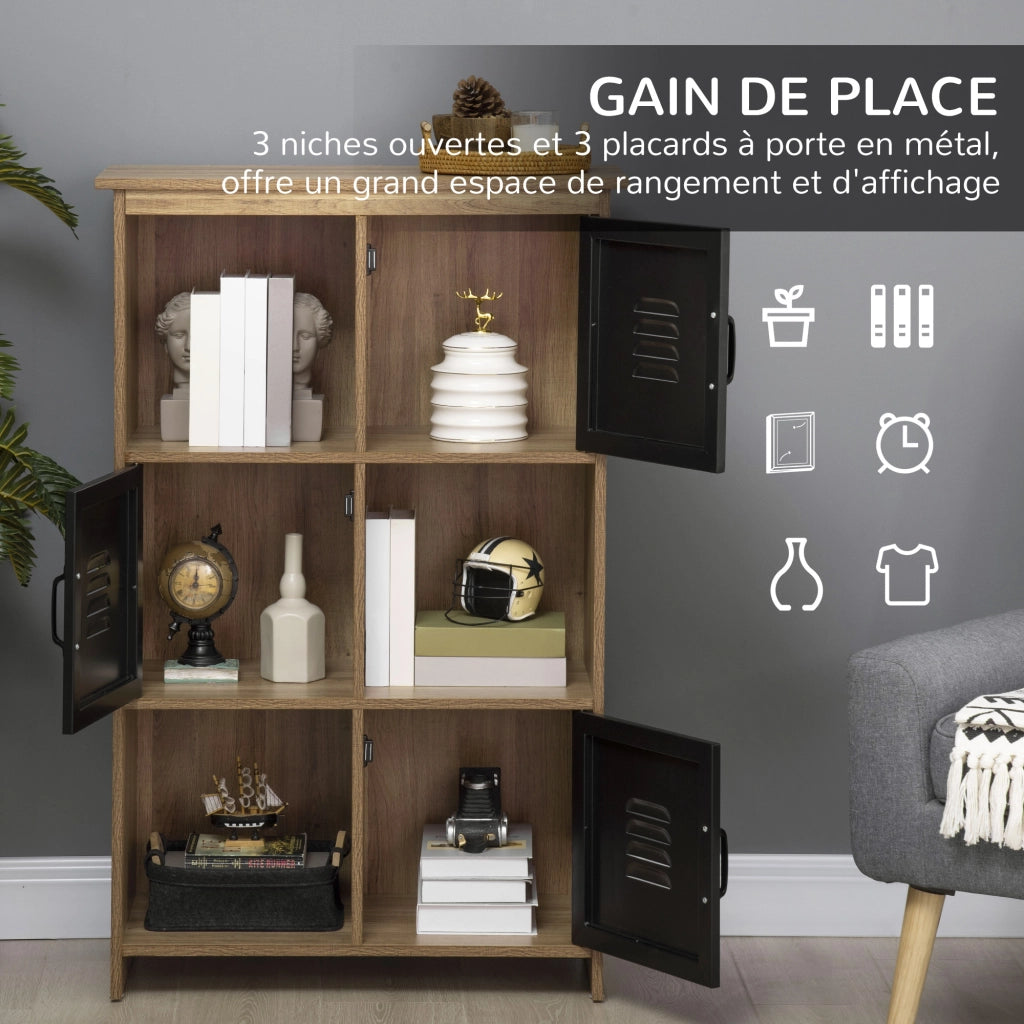 Libreria Mobile di Stoccaggio Design Industriale, Scaffale Effetto Legno con 3 Nicchie e 3 Ante in Metallo Nero per Casa