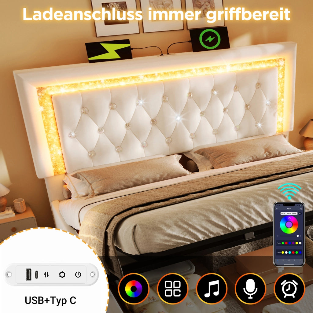 Letto matrimoniale 180×200 cm 2 posti con contenitore idraulico; LED regolabile; USB e USB-C; senza materasso; beige