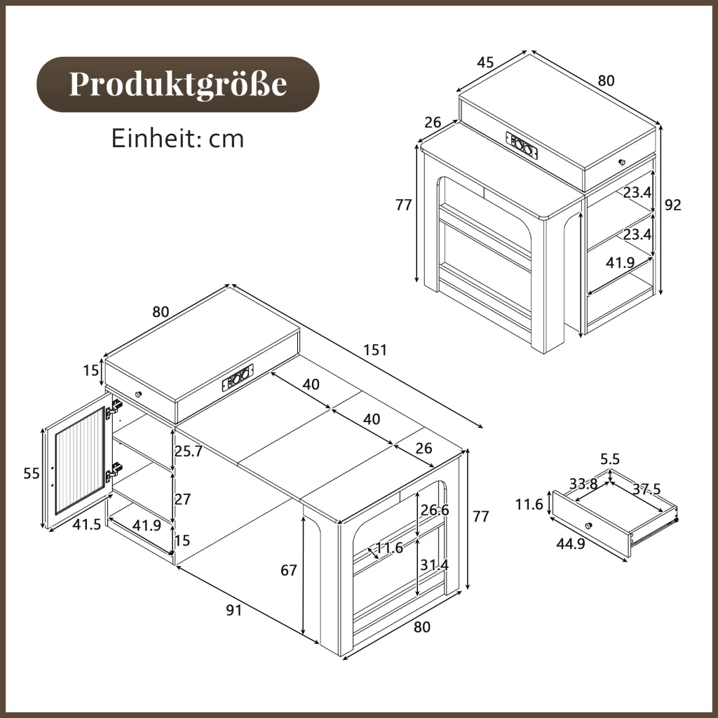Tavolo allungabile con prese integrate; contenitore e ripiani regolabili bianco e nero 80 × 71–111–151 × 92 cm
