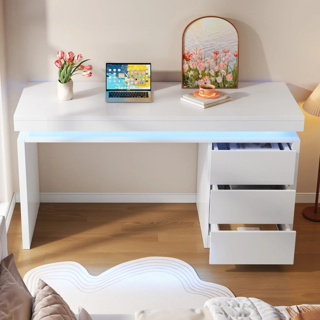 Scrivania Moderna con LED 120x50x78,5 cm, Piano Ampliato, 3 Cassetti, Gambe Rinforzate, Illuminazione Regolabile per Home Office