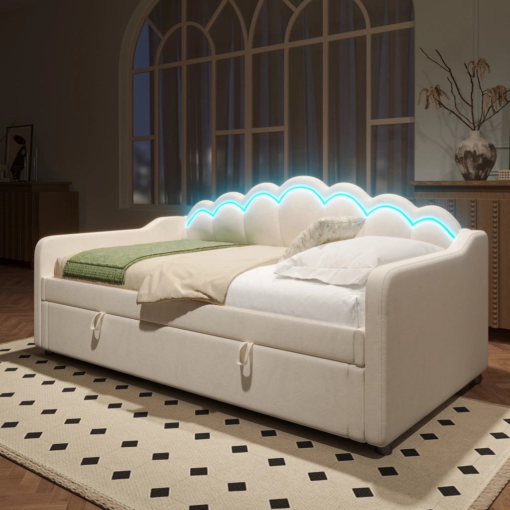 Letto divano contenitore 90x200 cm in velluto beige con schienale ondulato e LED