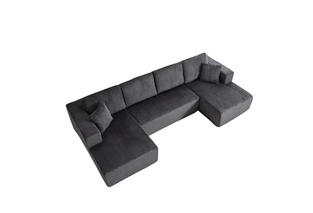 Divano modulare a forma di U in tessuto lampo, 332x156x88 cm, con cuscini grandi e piccoli