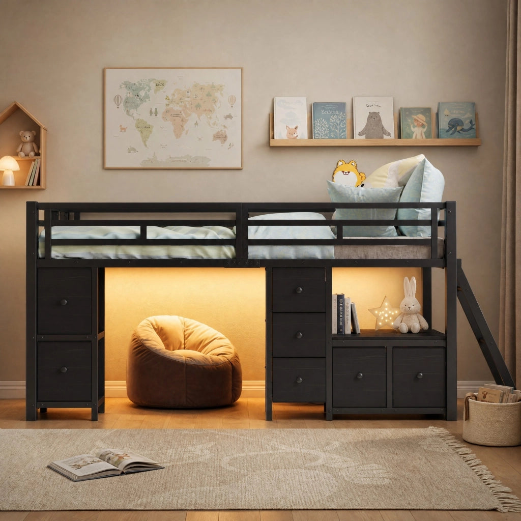 Letto a soppalco basso 90x200 cm con 7 cassetti; LED e area gioco nero