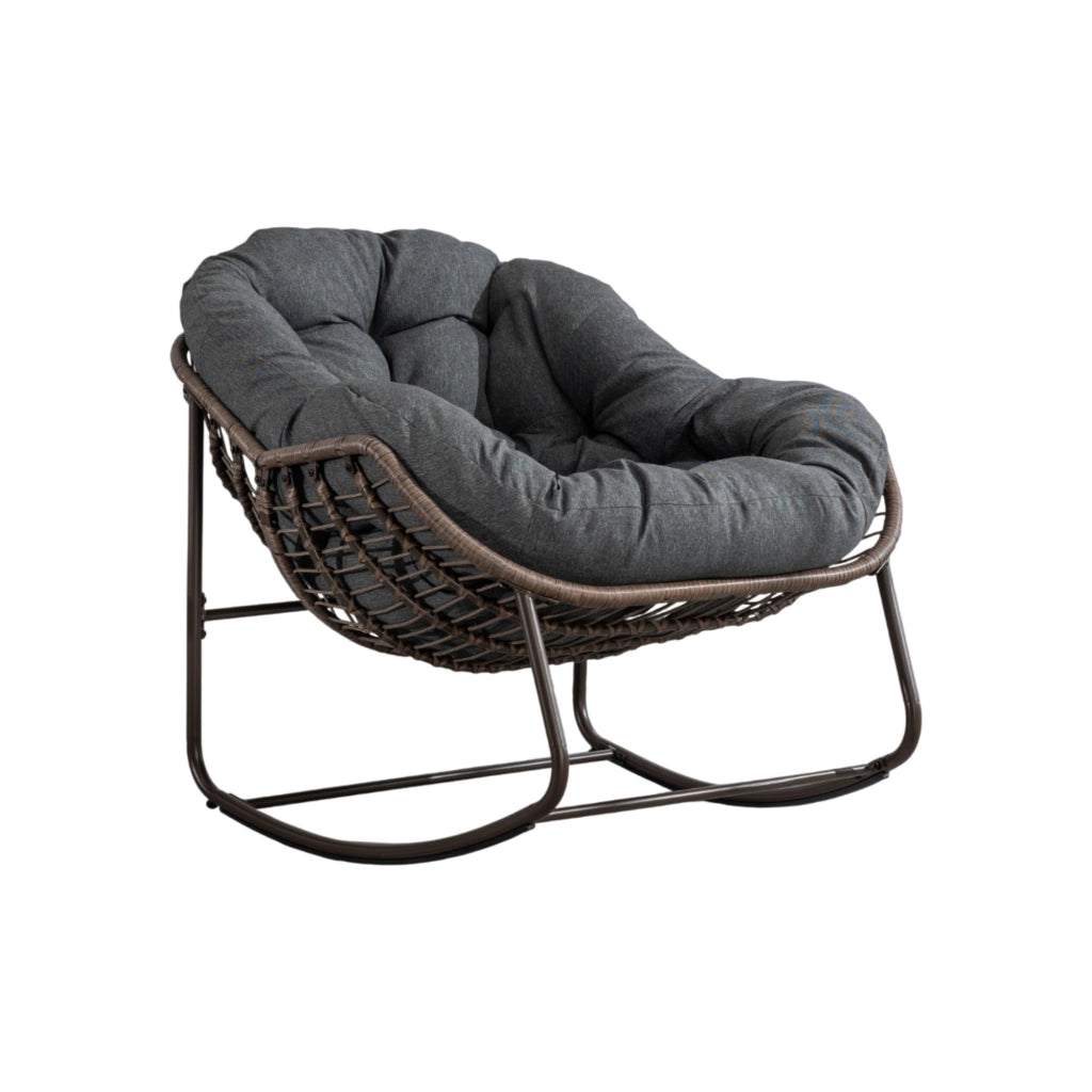 Poltrona a dondolo da esterno oversize in rattan sintetico, seduta ampia, cuscino 6'', grigio scuro