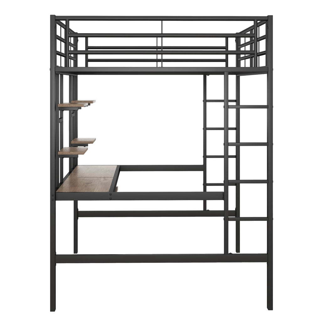 Letto a soppalco 140 × 200 cm con scrivania e due librerie in metallo nero