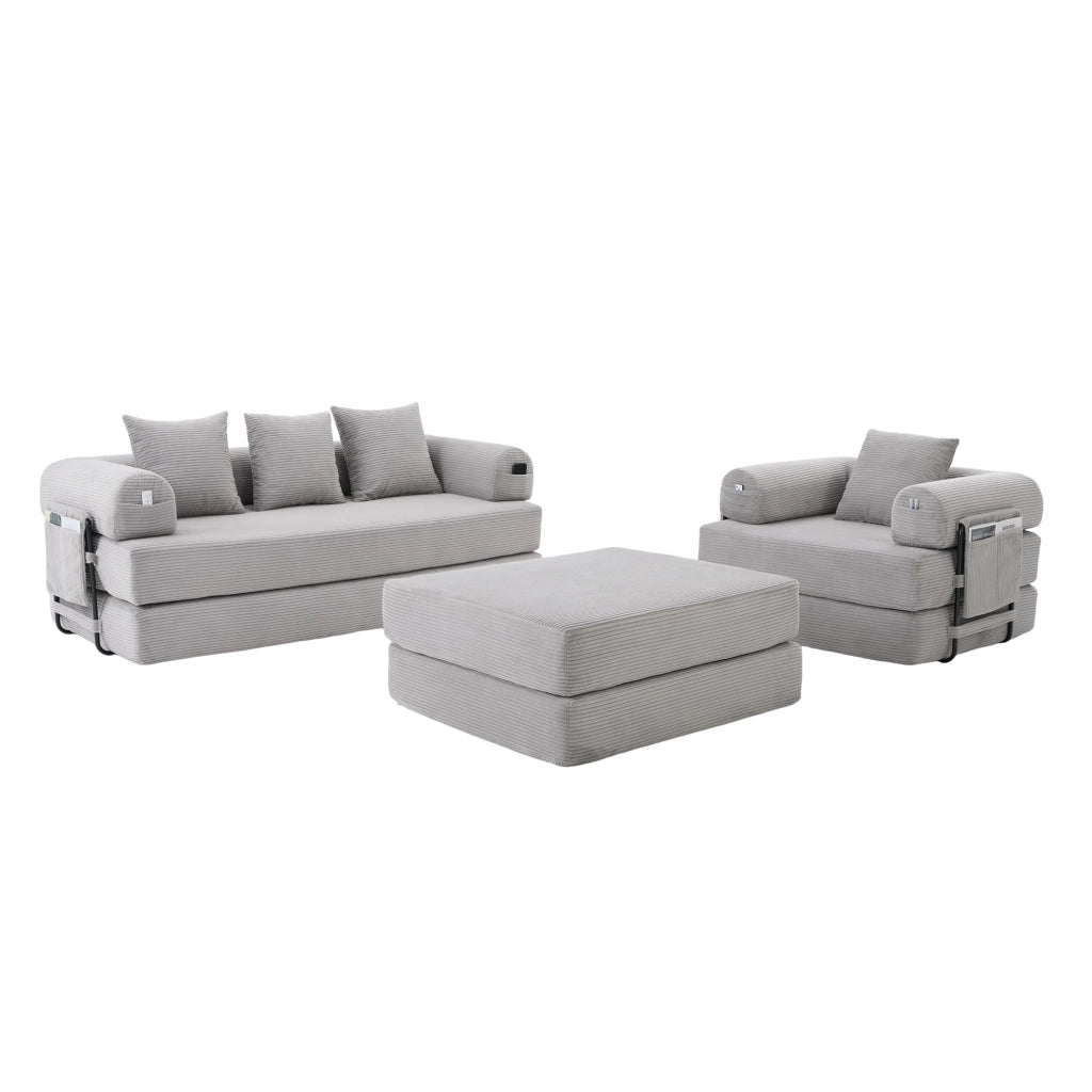 Set divano modulare 3 posti con poltrona e pouf in velluto a coste grigio chiaro