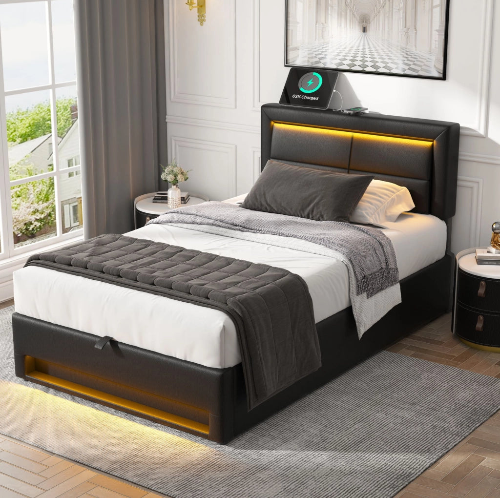 Letto imbottito 90 x 200 cm con LED, USB e vano contenitore