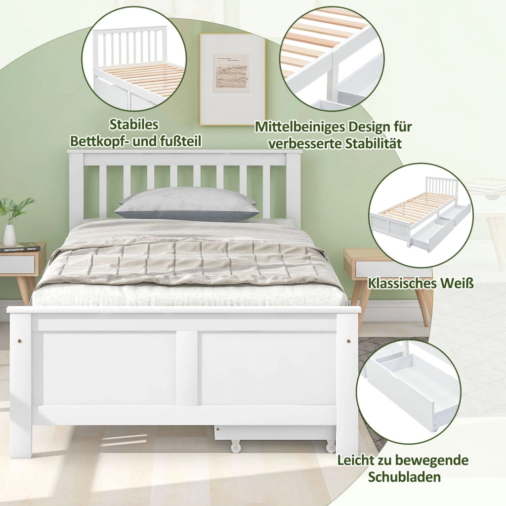 Letto singolo 90 × 200 cm con cassetti in legno bianco con testiera a griglia e rete a doghe