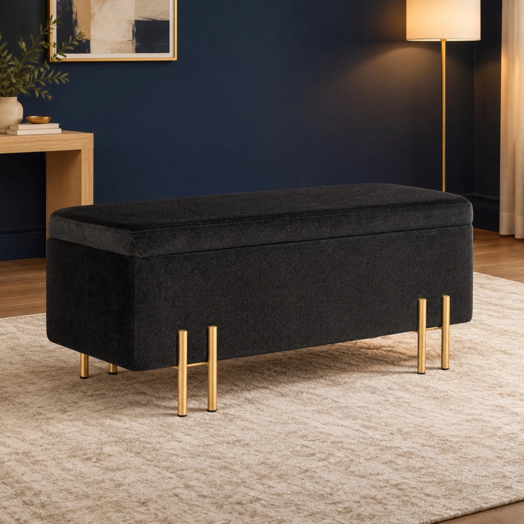 Panca contenitore 100x40x42 cm in poliestere nero con struttura in legno e metallo