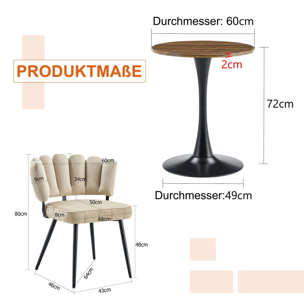 Set tavolo e 2 sedie 60 cm noce e nero; MDF e velluto - schienale a petalo