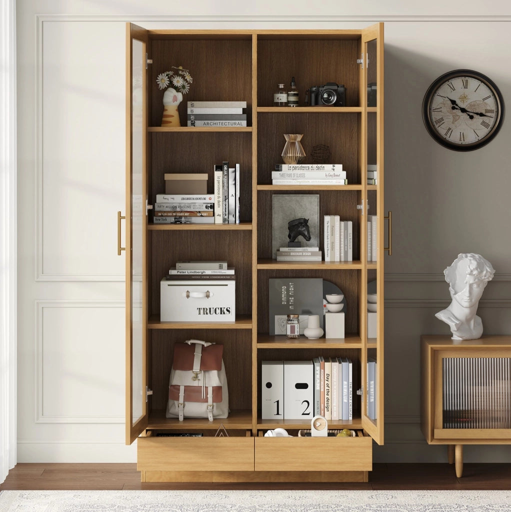 Vetrina 80x40x160 cm in MDF e vetro temperato con cassetto push-to-open