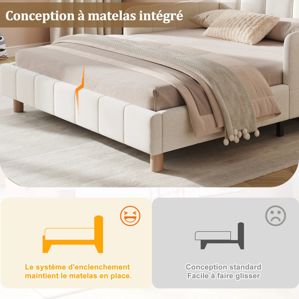 Letto per bambini in velluto beige con testiera inclinata; braccioli riposizionabili e tasche integrate