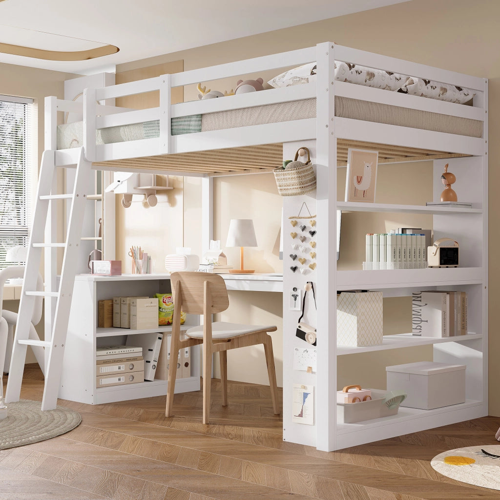 Letto a soppalco per bambini 90 × 200 cm con ripiano scala inclinata a 4 gradini e sponde di sicurezza bianco